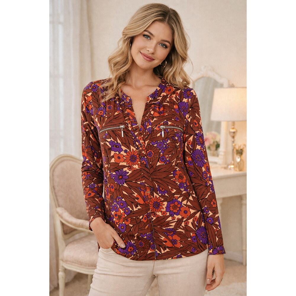 I.N.C. Floral Blouse L Boho Retro Zip Pocket Stretch Top Brown Purple